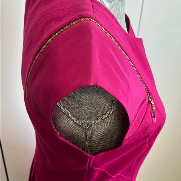 TED BAKER NWOT Fuchsia Fit and Flare Midi Dress Gold Hardware, Size 8 - Picture 9 of 12